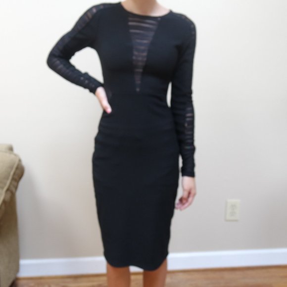 Express Body Con Black Dress with Mesh Detailing - Picture 2 of 8